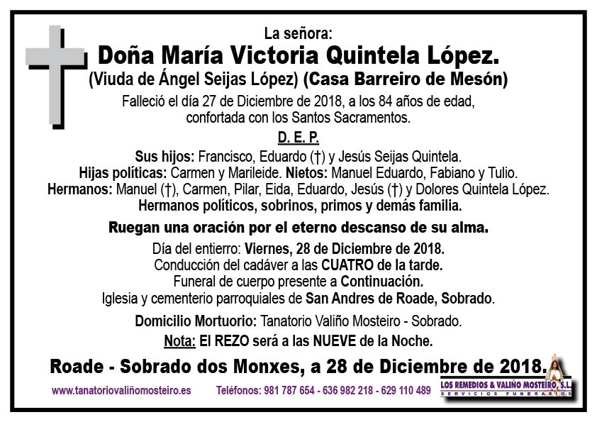 Esquela de María Victoria Quintela López.
